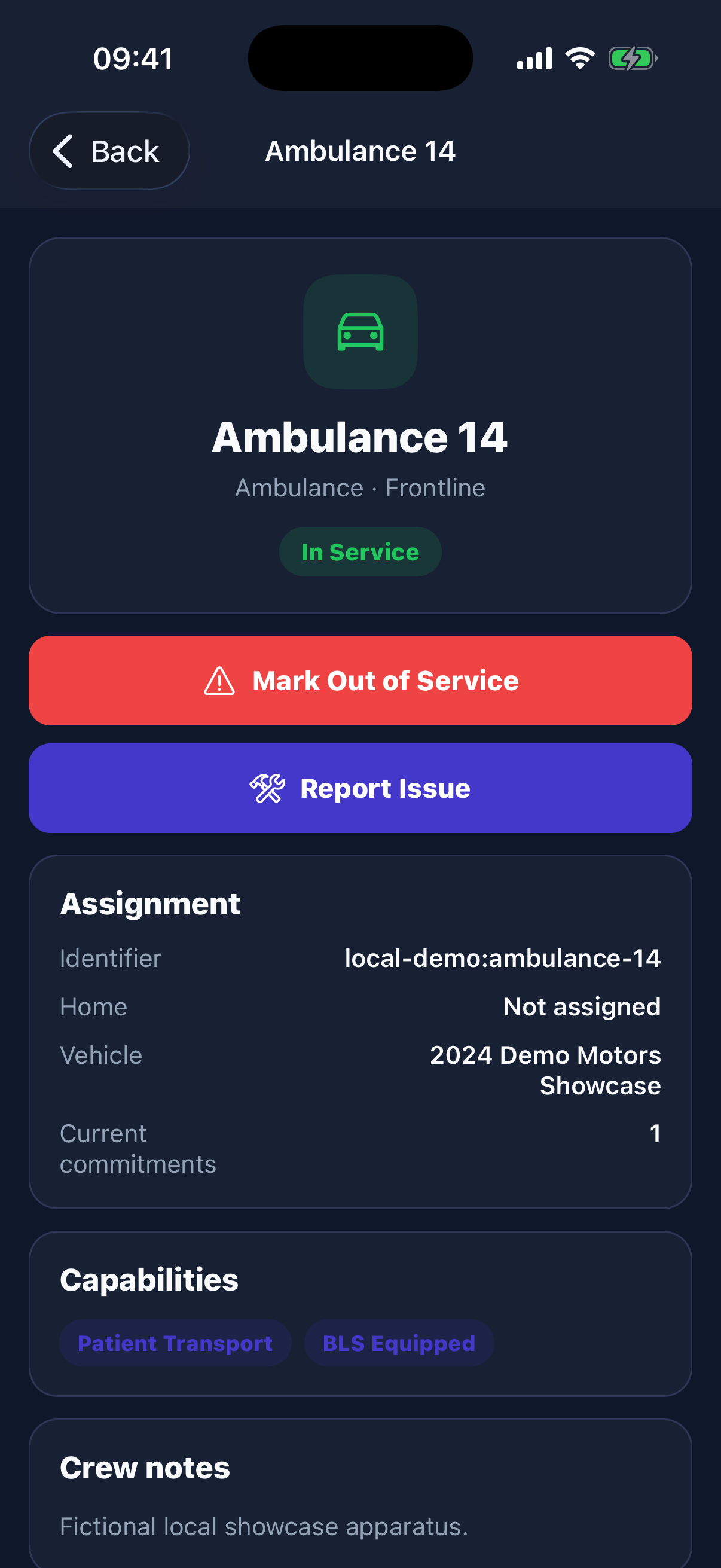 Open an in-service unit to review assignments, capabilities, commitments, and crew notes, then report an issue or change status when permitted.