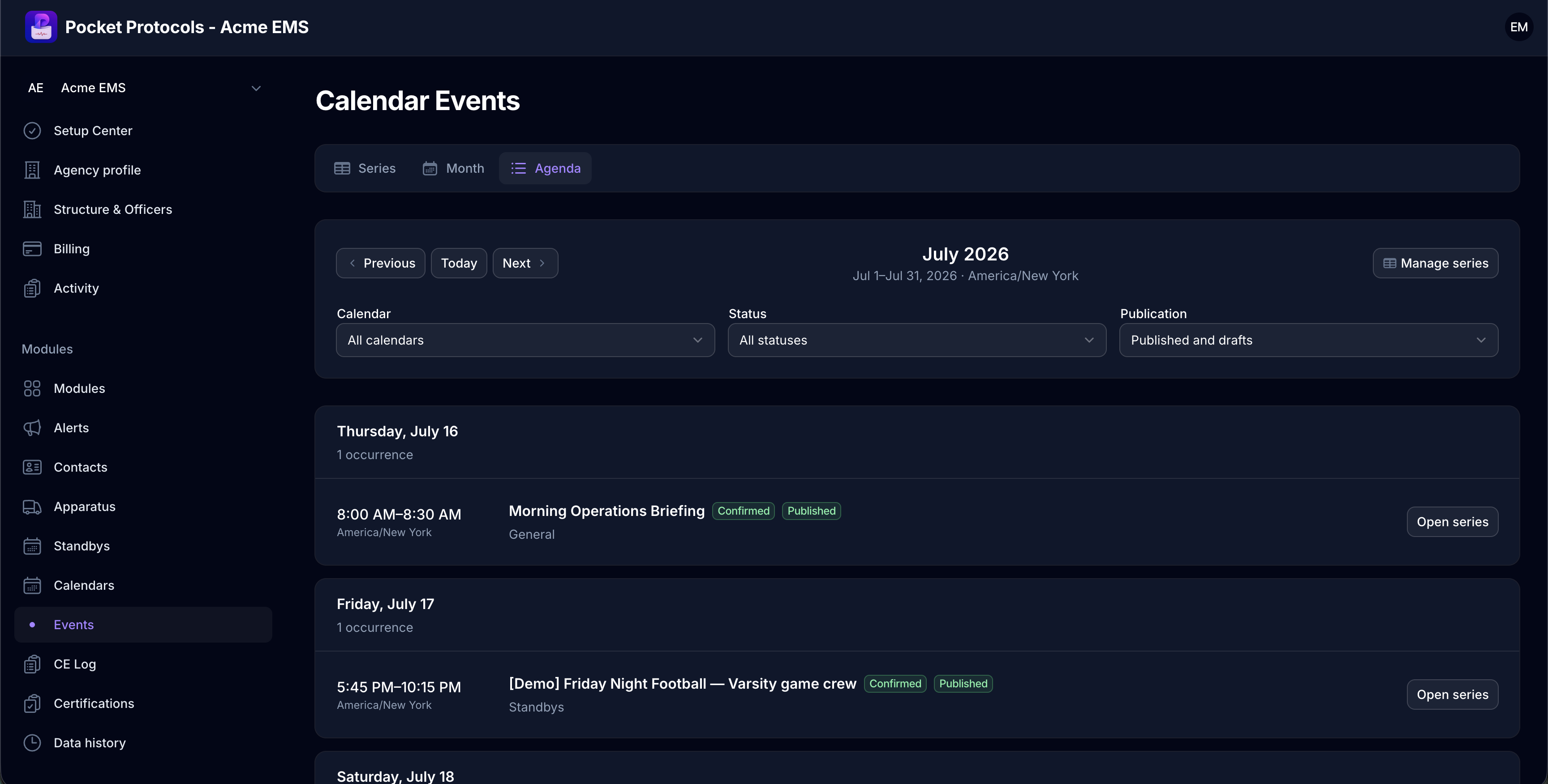 Switch to an agenda grouped by date, filter by calendar and publication state, and open the full recurring series.