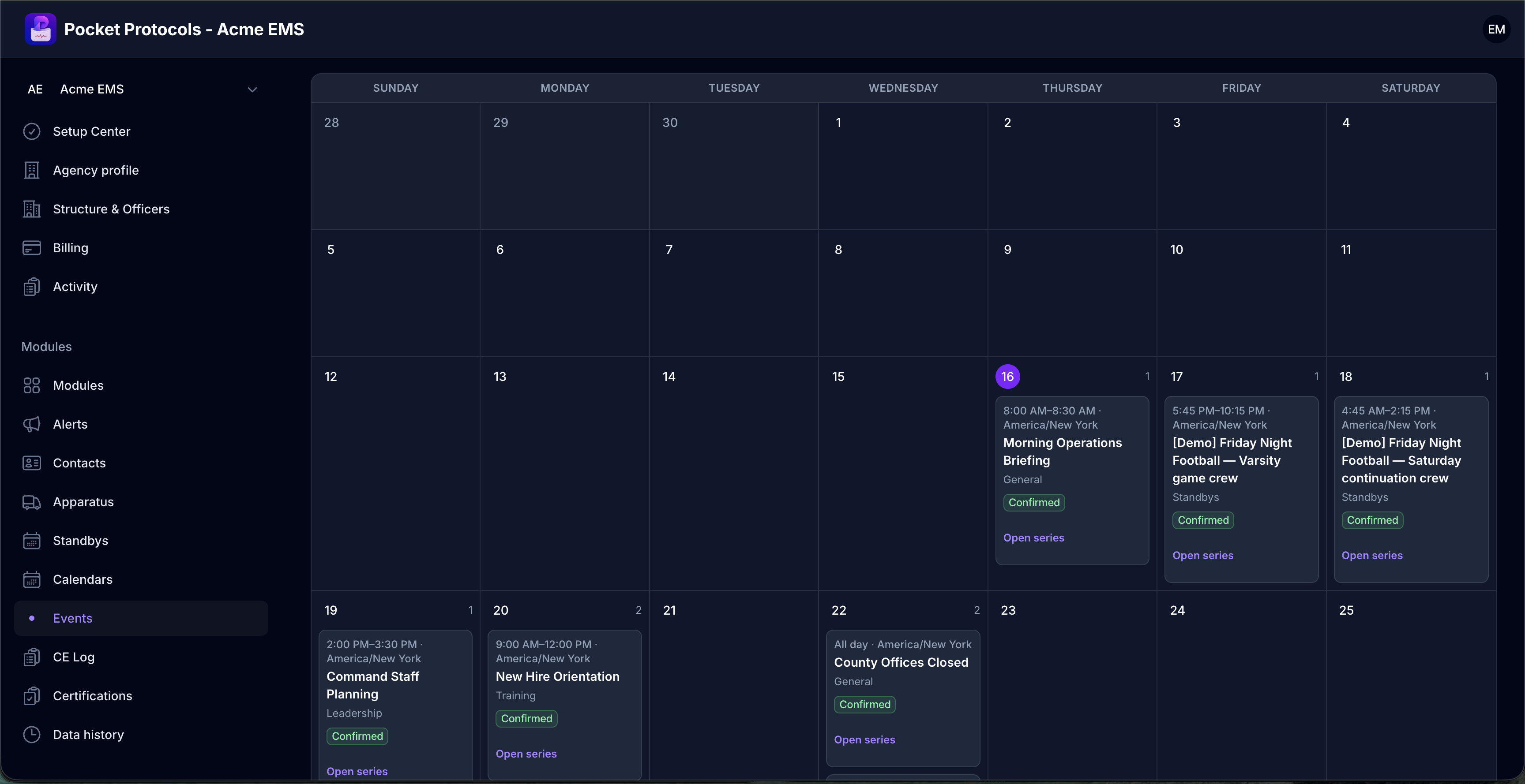 See published events and recurring series in a full month view without losing calendar, status, or timing context.