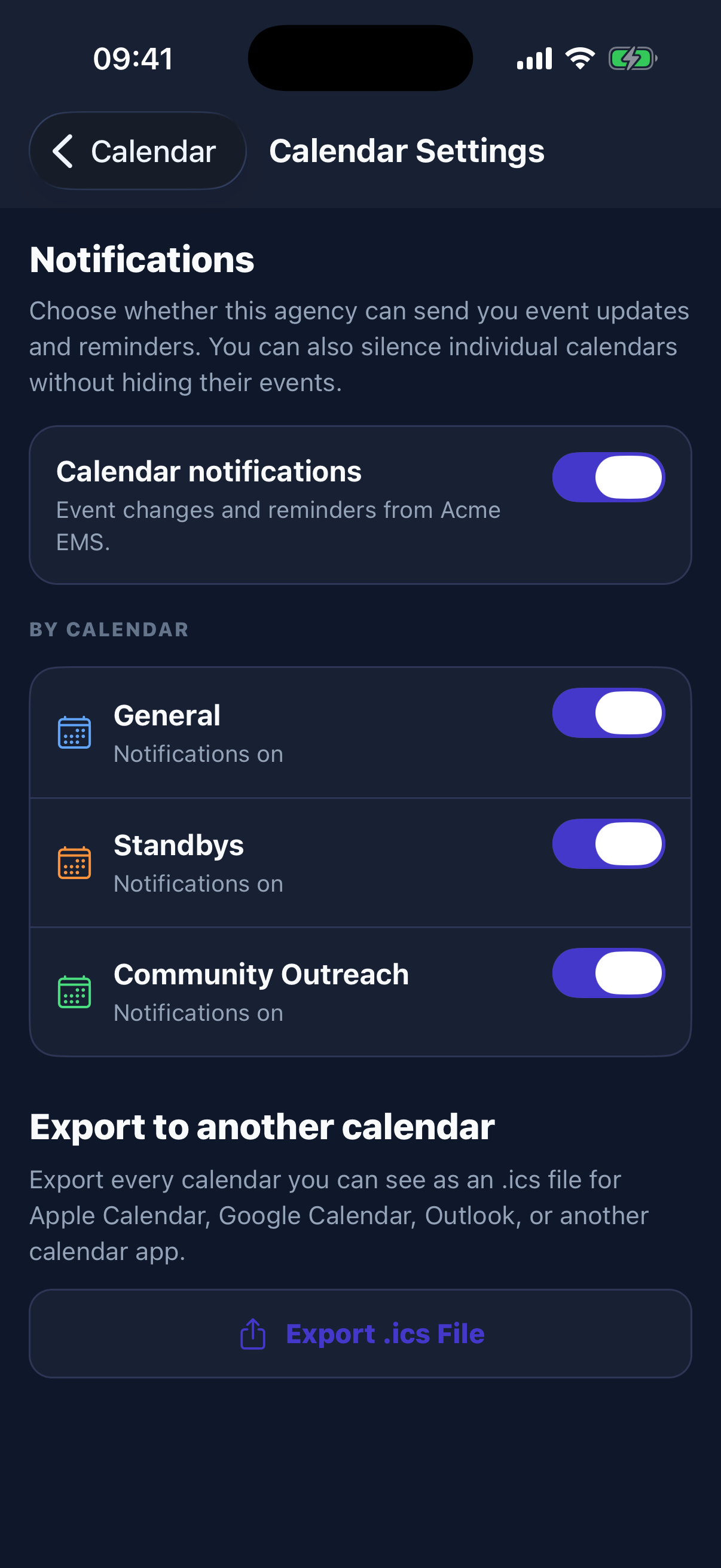 Members control agency and per-calendar notifications and can export visible events as an .ics file.