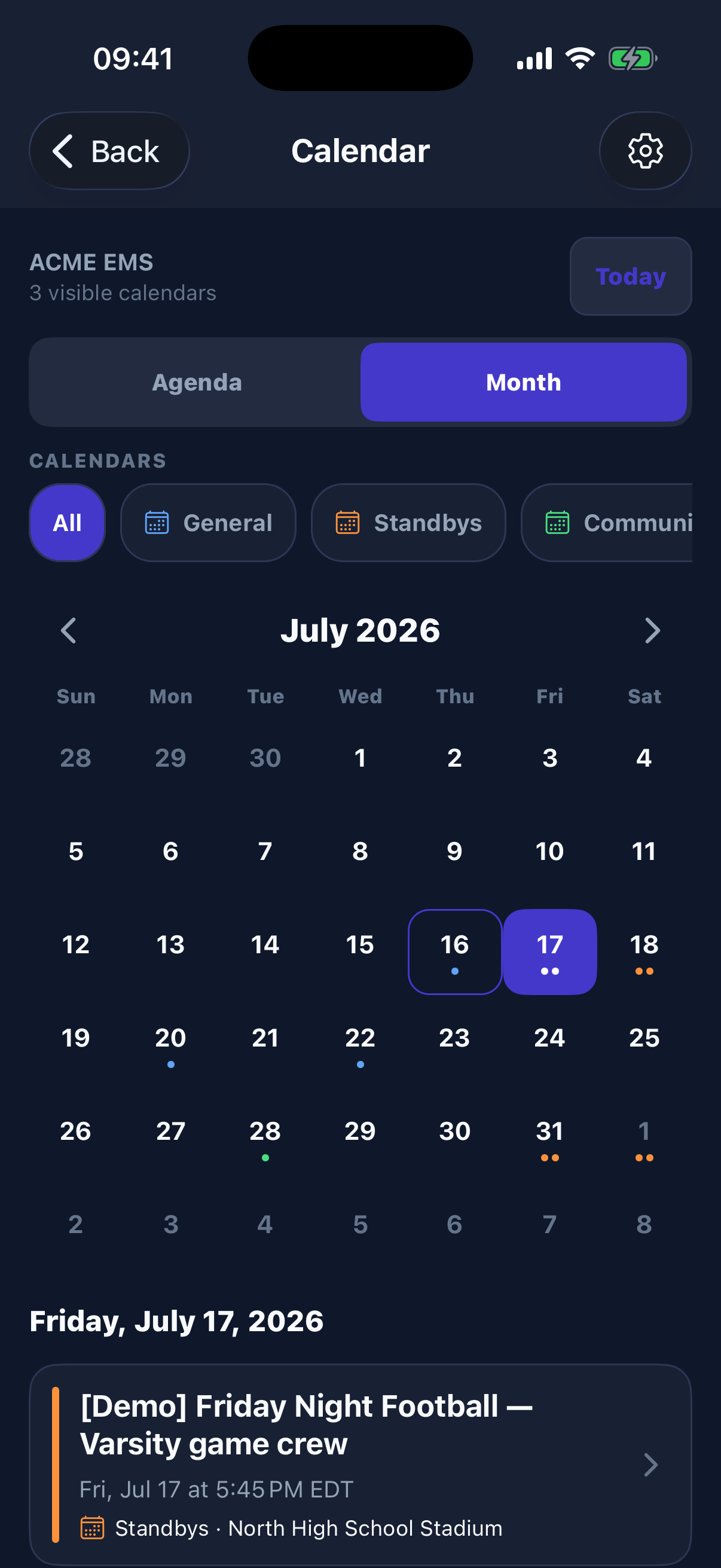 Members can filter visible calendars, browse a month, and jump directly to the events scheduled for a selected day.