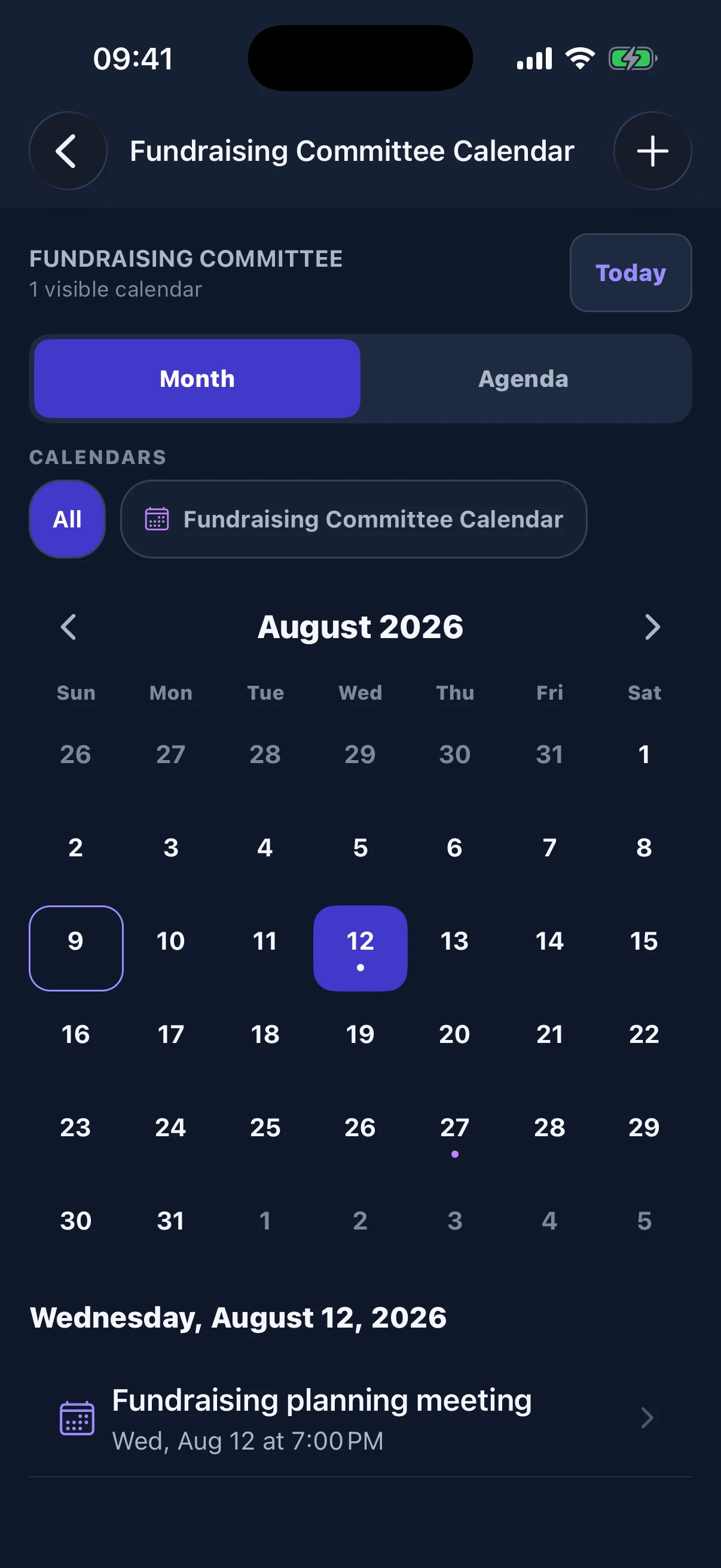 Committee meetings and events appear in a dedicated calendar visible only to the current roster.