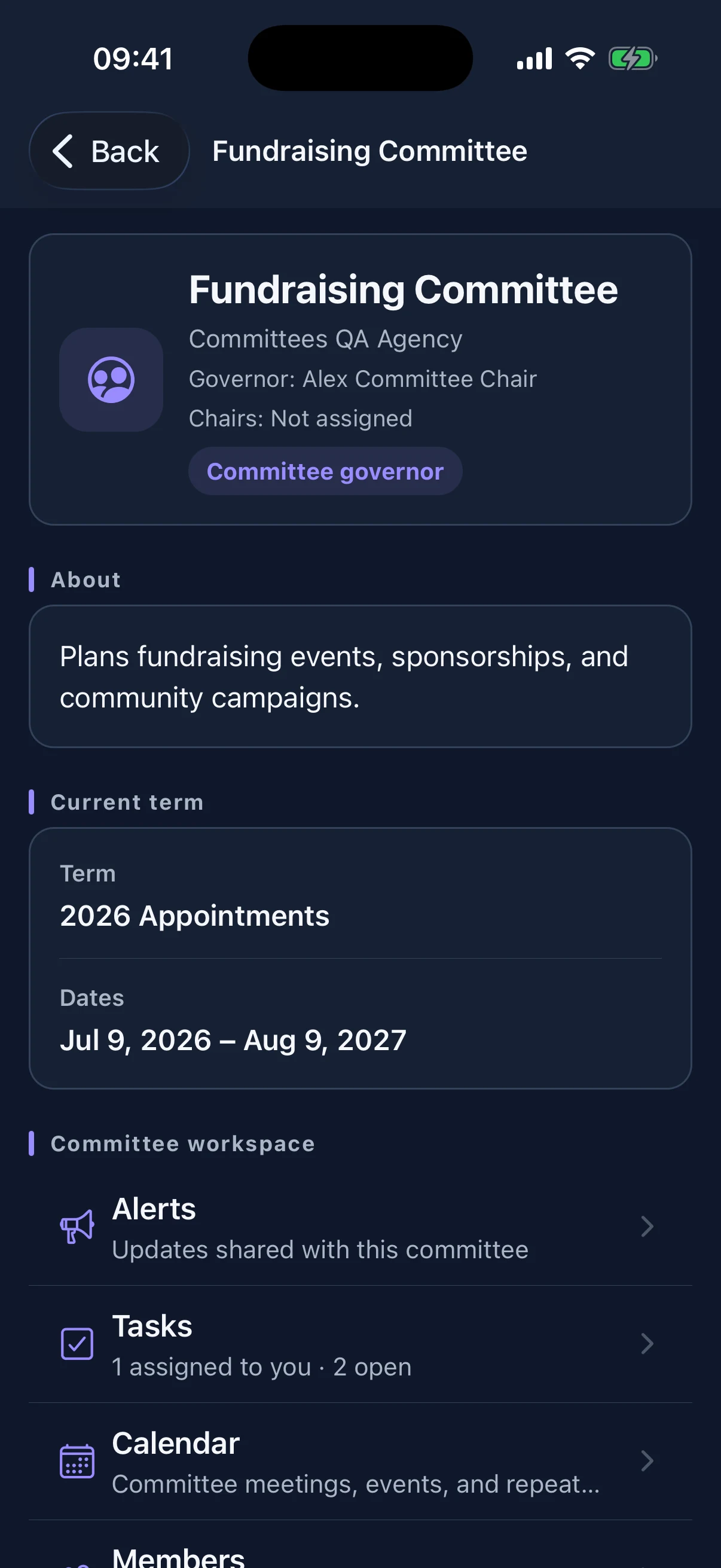 A private committee workspace brings its roster, alerts, assigned tasks, and calendar into one mobile view.