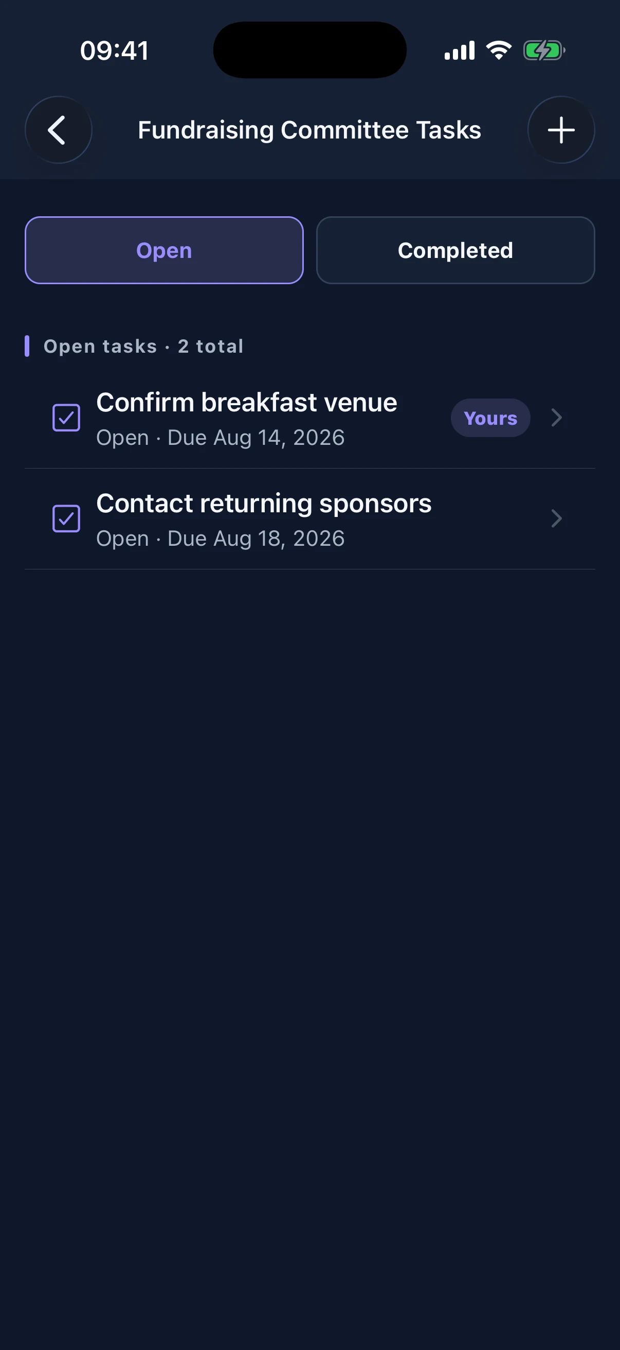 Members can review open and completed committee tasks, including assignments and due dates.