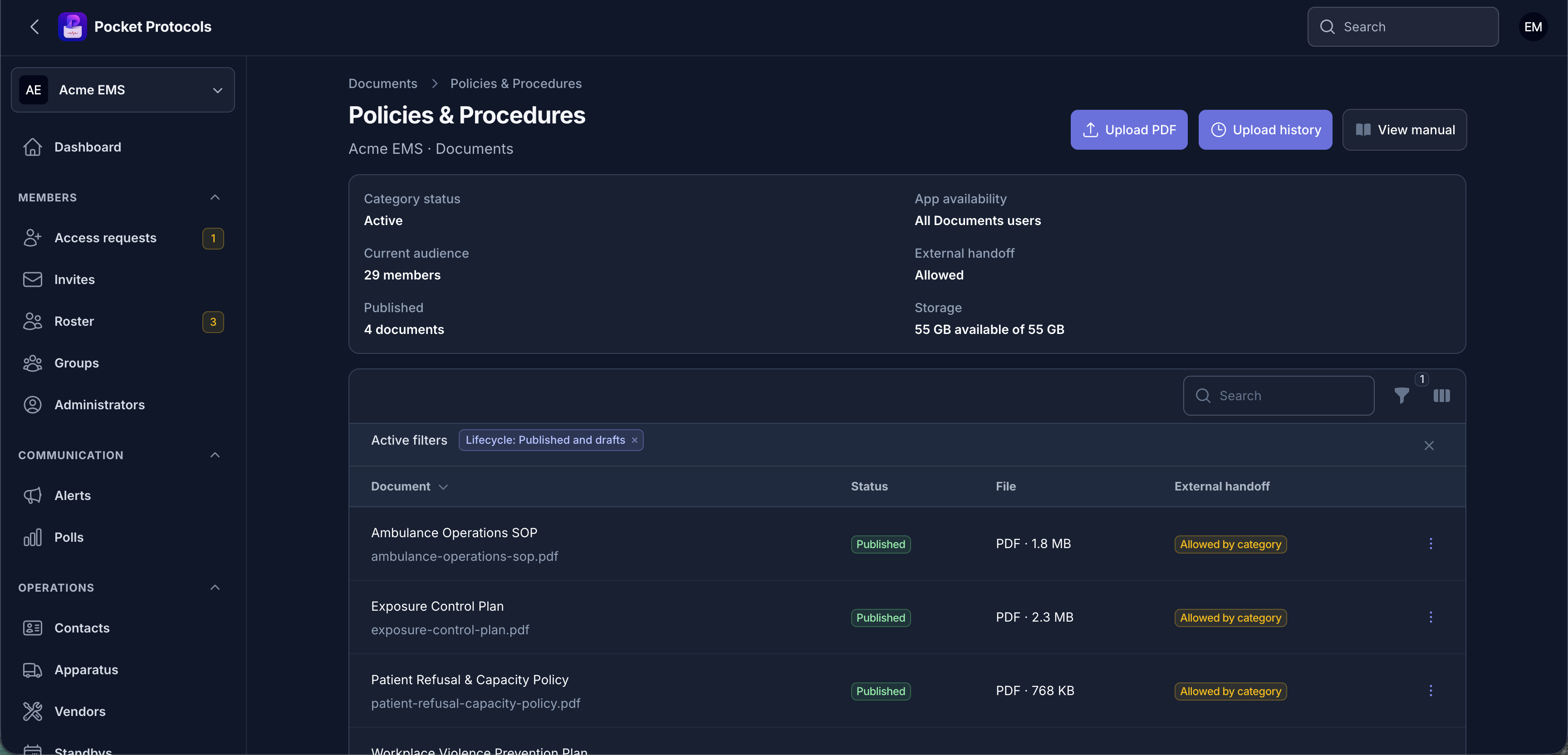 Manage a category’s PDFs, draft and publication state, display order, sharing policy, and replacement history.