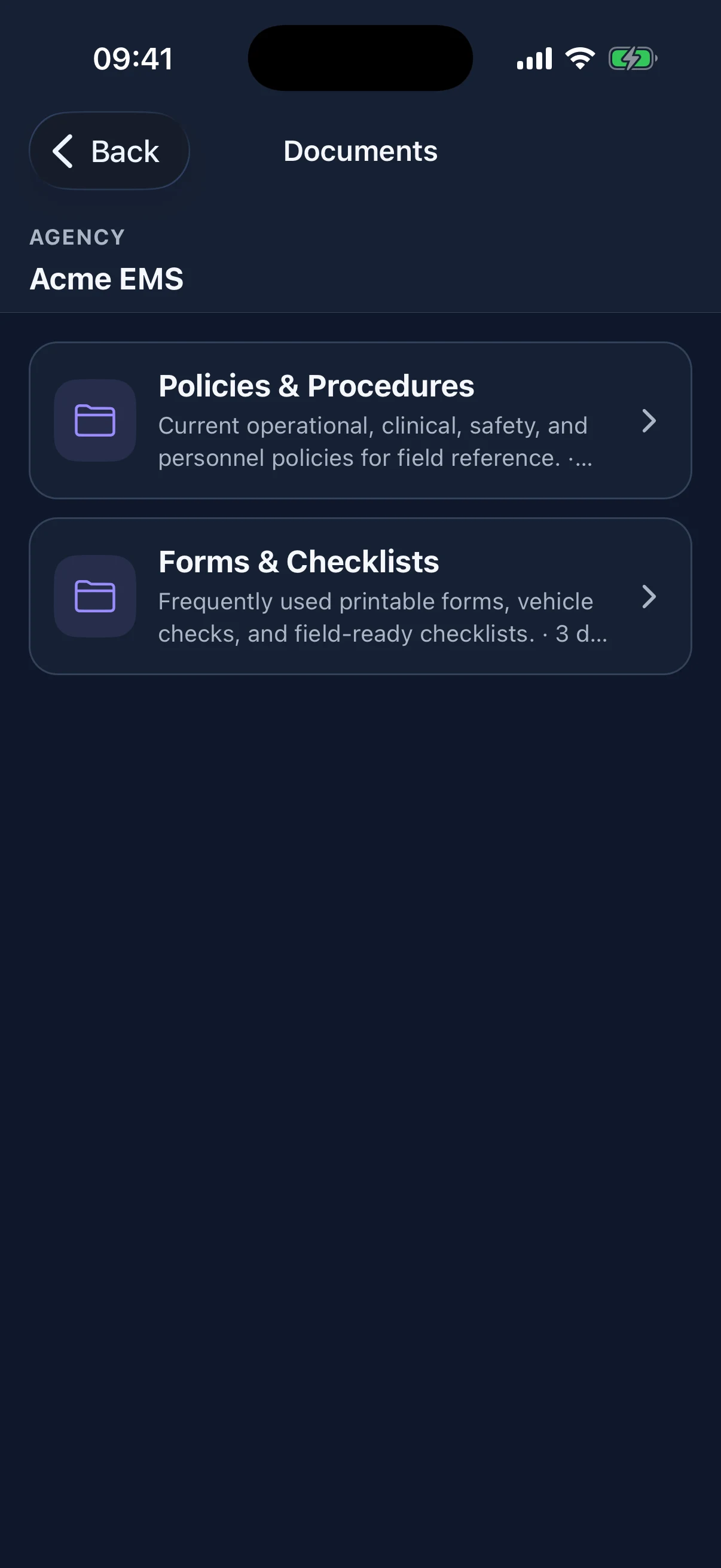 Browse only the document categories currently authorized for the signed-in agency member.
