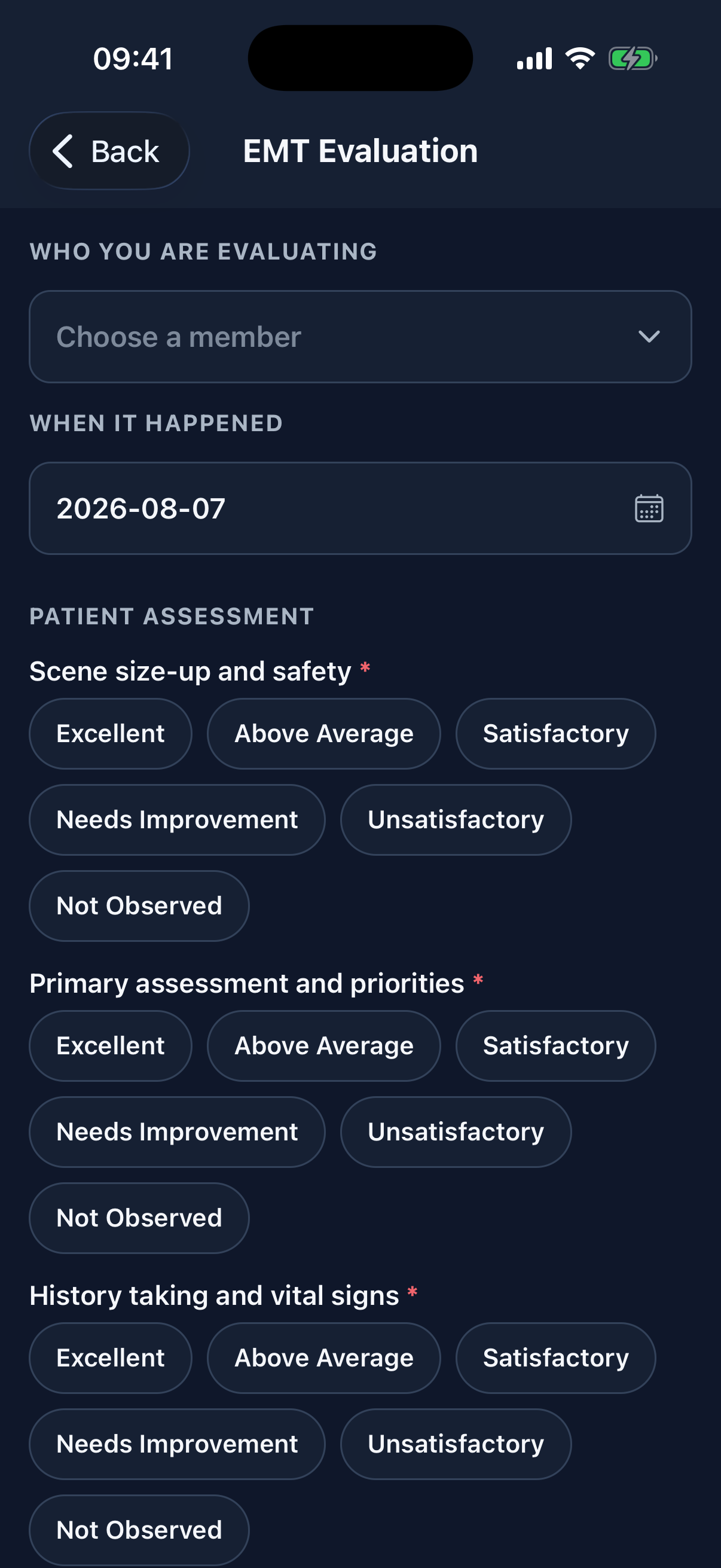Training officers fill the evaluation out in the field; drafts survive the app closing, and finished answers queue safely until there is signal.