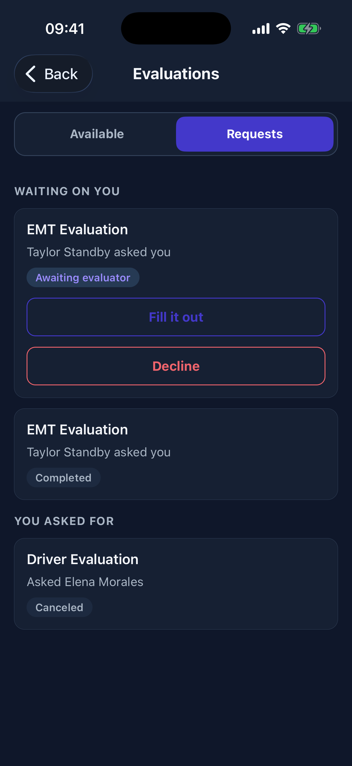 Requests in both directions on one screen: what is waiting on you to carry out, and what you have asked others for, each with its current standing.