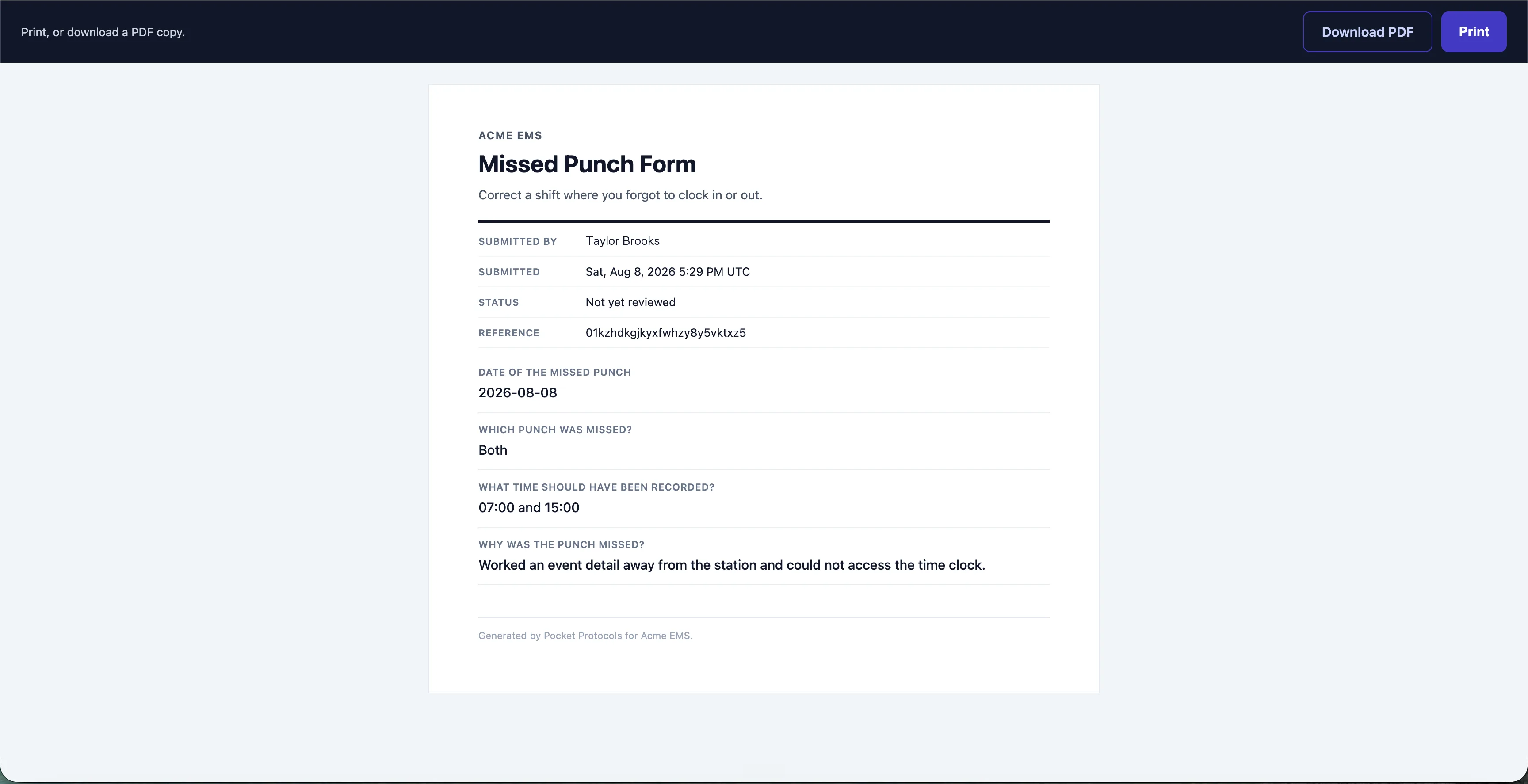 Print a clean agency record or download the same submission as a PDF for secure handoff and retention.