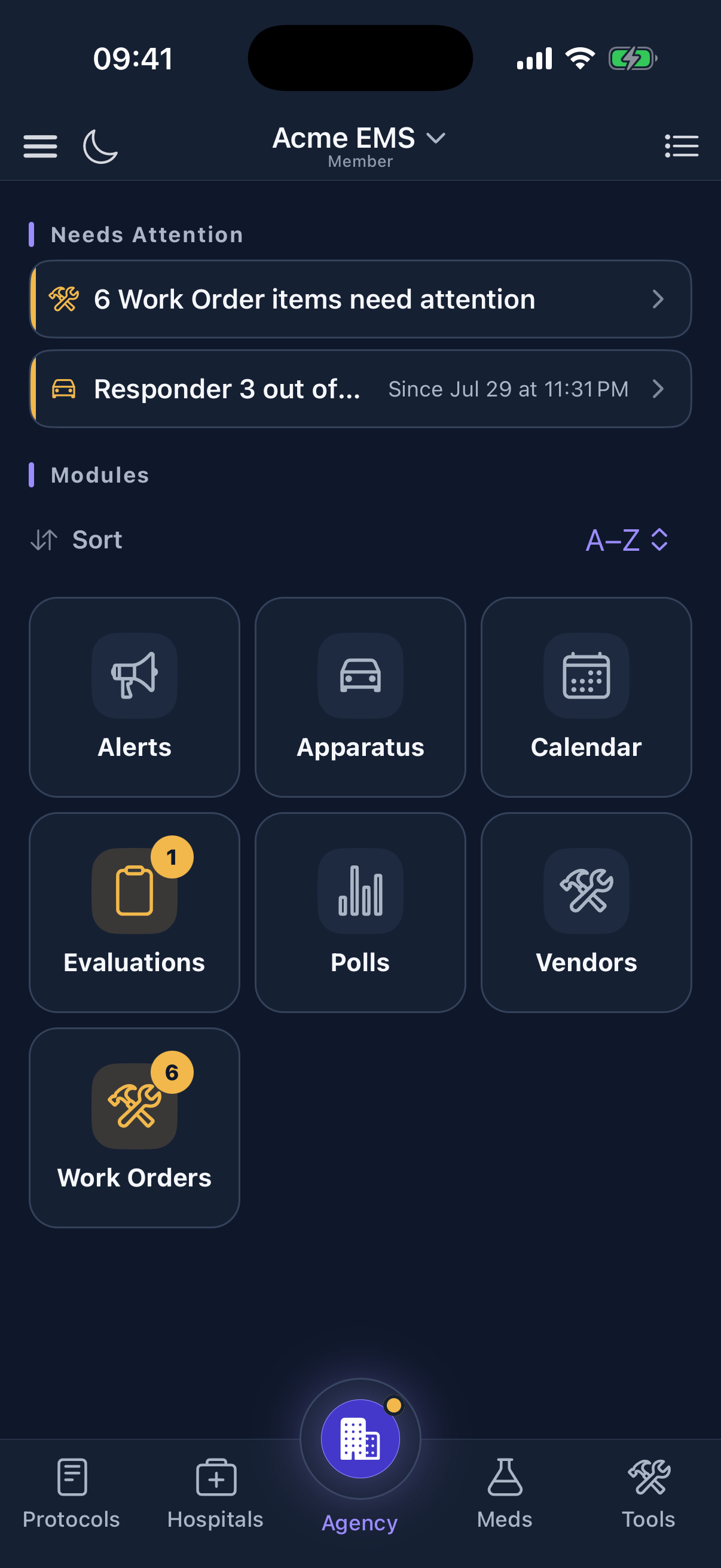 Pocket Protocols member app showing the Acme EMS agency home with items needing attention and module tiles for alerts, apparatus, calendars, evaluations, polls, vendors, and work orders