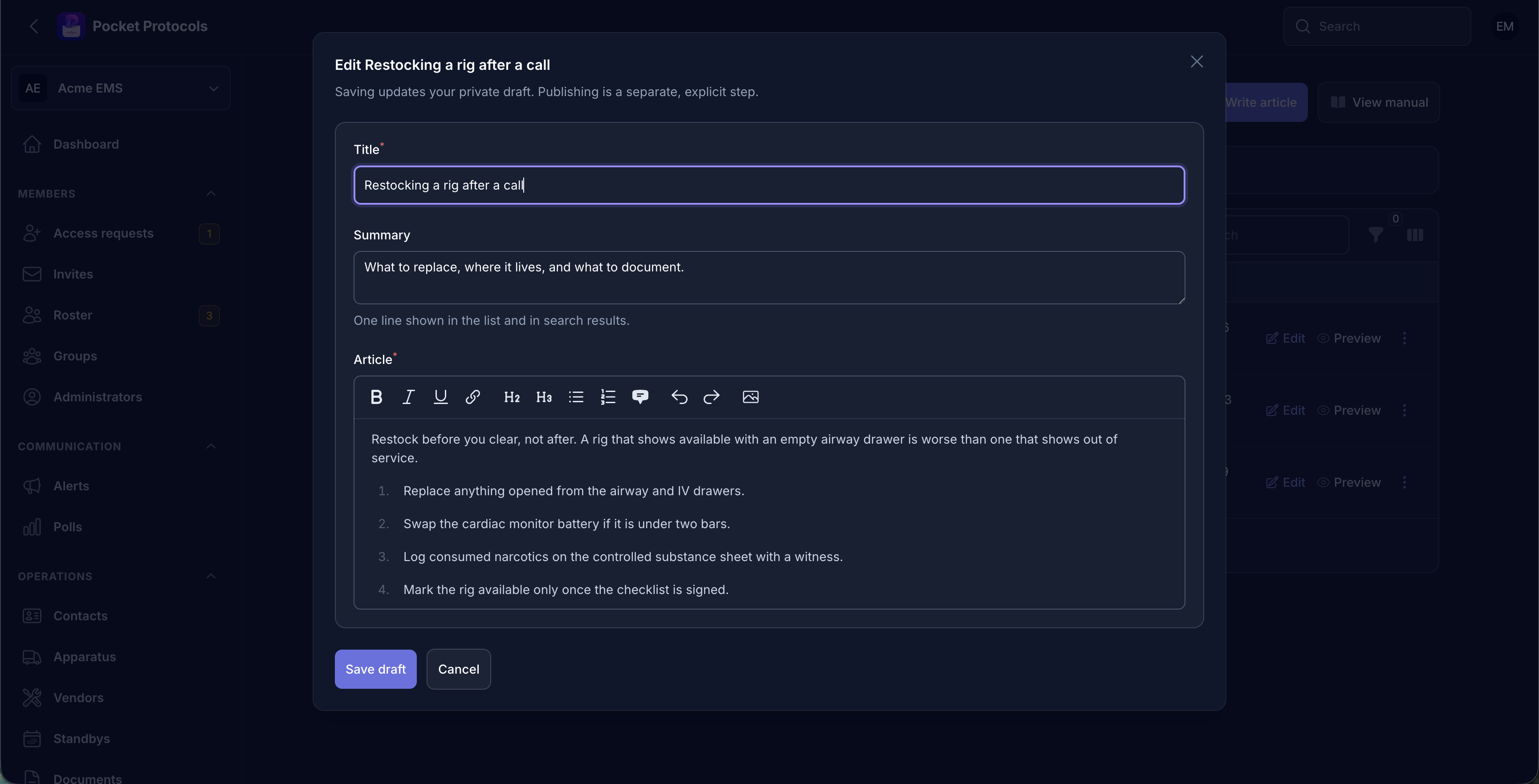 Write in a real editor with headings, lists, emphasis, links, and images. Saving updates your private draft; publishing stays a separate step.