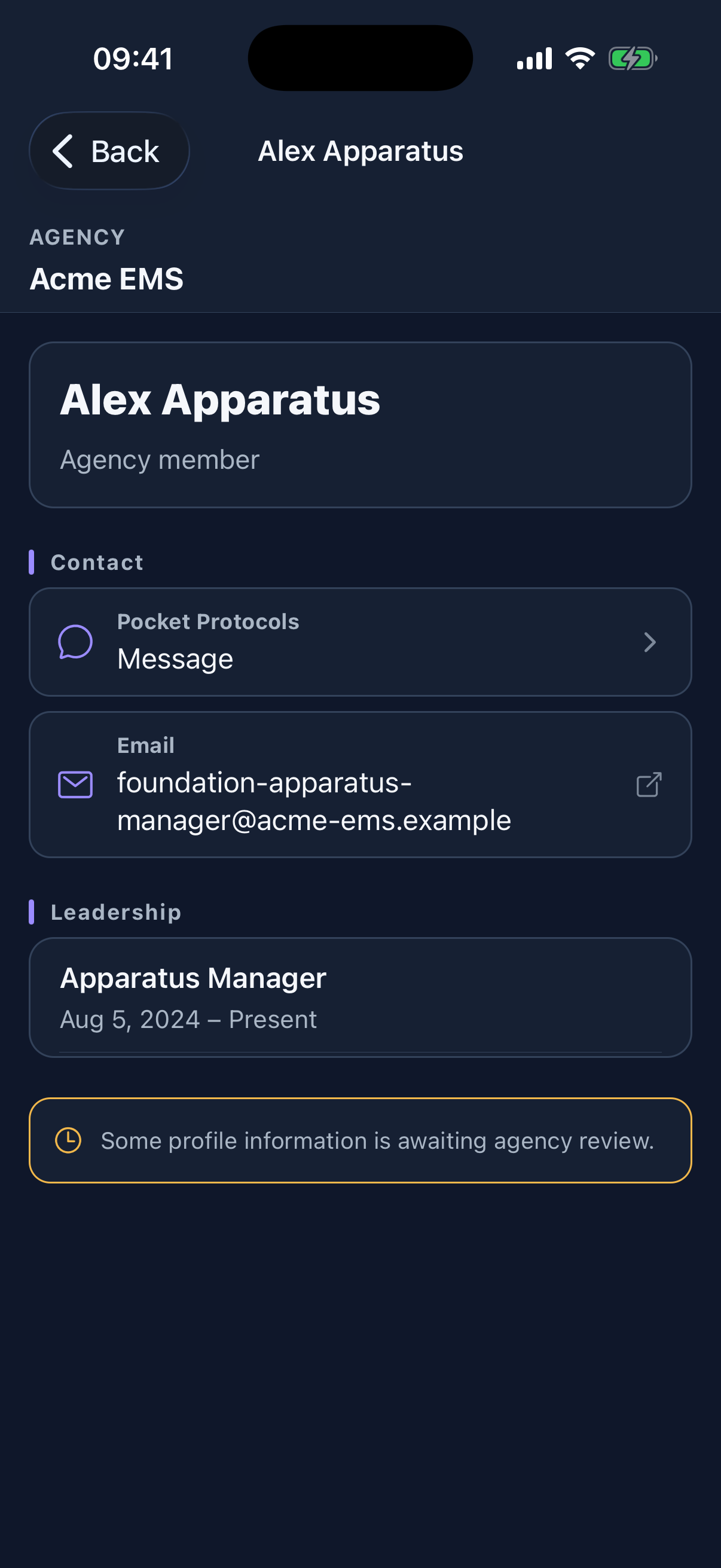 A Rolodex profile shows public agency affiliations, approved contact methods, and a private in-app message action.