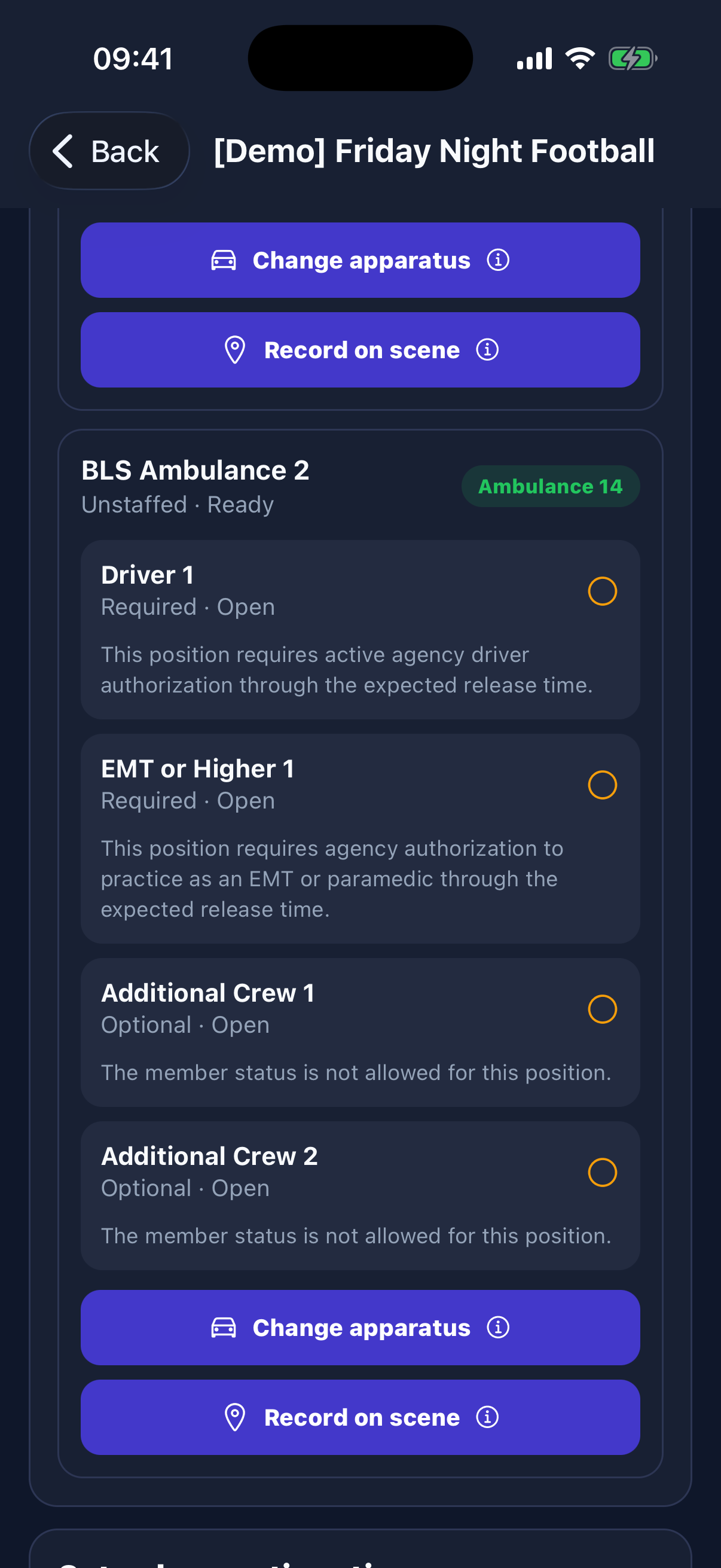 On shift, permitted members can confirm or change apparatus assignments and record operational milestones such as arriving on scene.