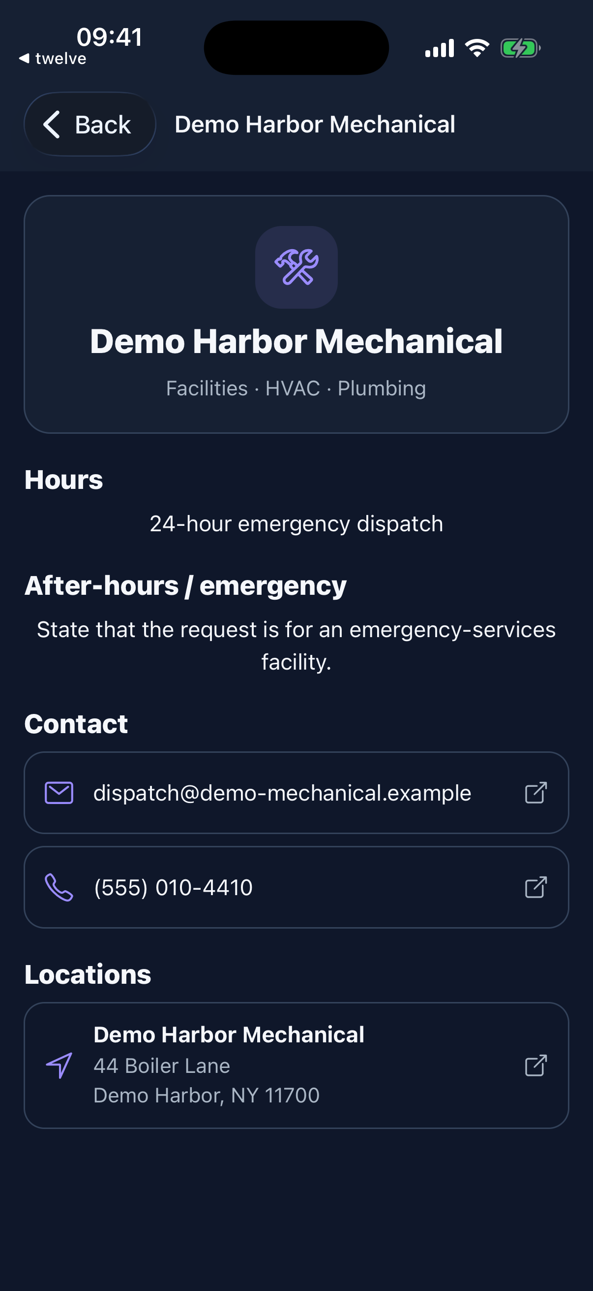 Vendor details keep services, hours, emergency instructions, contact actions, and mapped locations together in one field-ready record.
