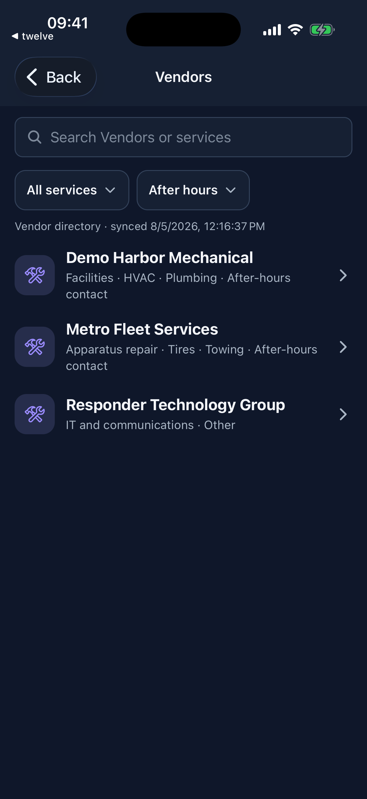 Members can search by vendor or service, filter by service and after-hours availability, and see when the directory last synchronized.