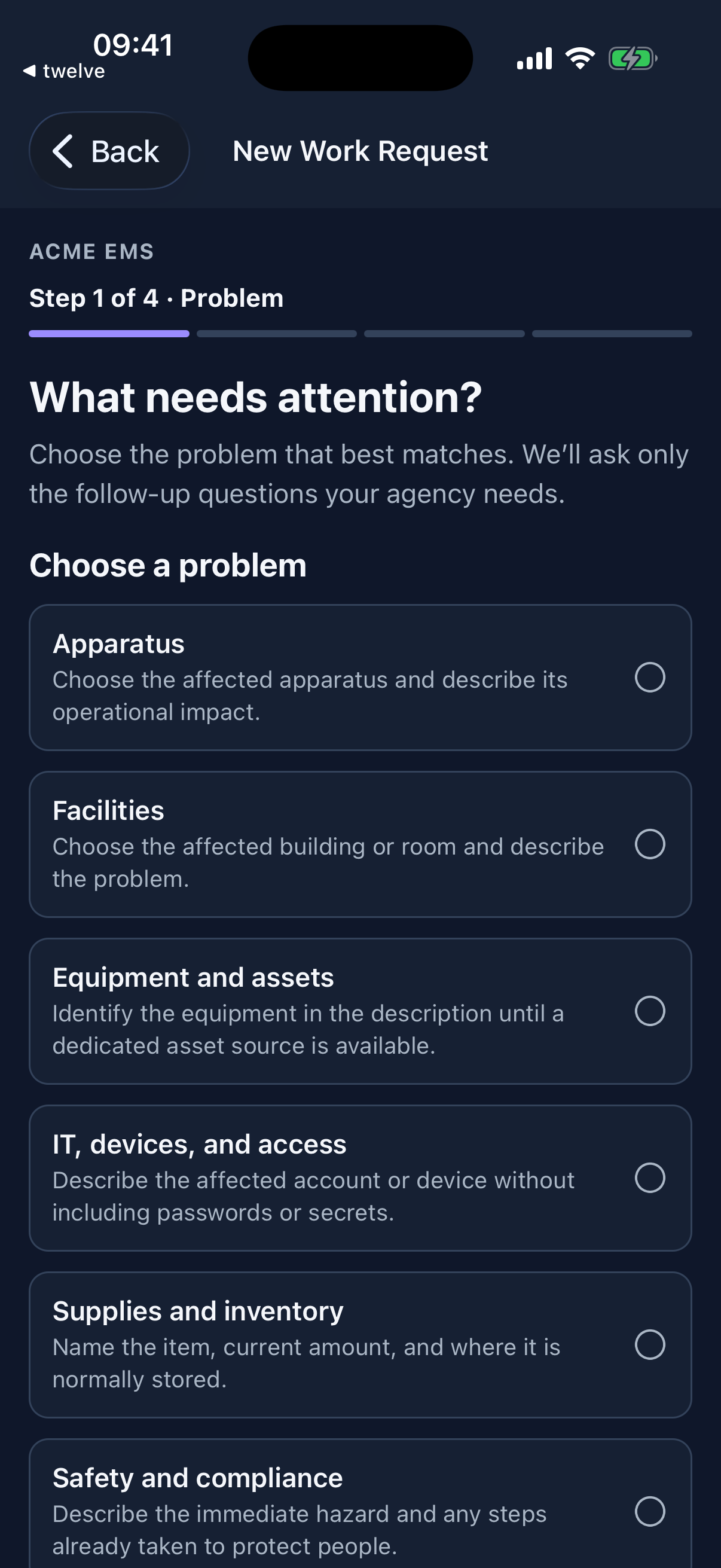 The guided four-step request flow starts with agency-configured problem categories and asks only for the follow-up details each report needs.