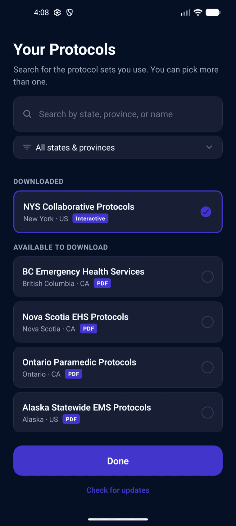 The protocol-set picker on Android, choosing a county or state protocol set across the US and Canada