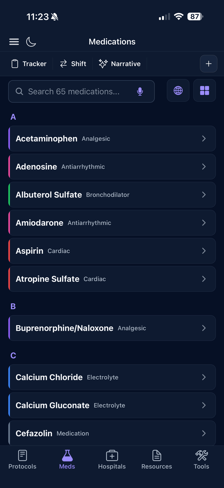 The medication reference showing a searchable list of drugs with indications, dosing, and administration guidance