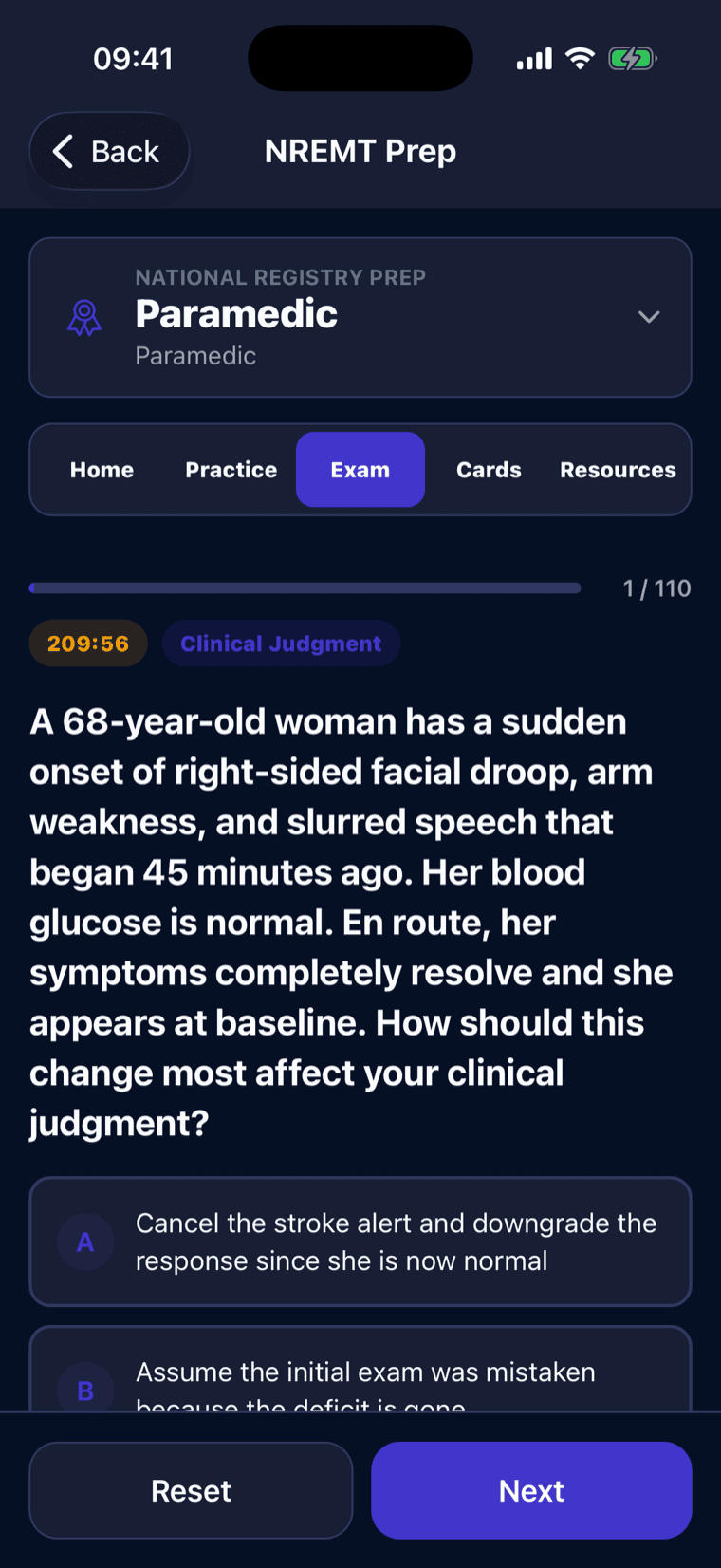 A timed simulated NREMT exam with a per-domain score breakdown