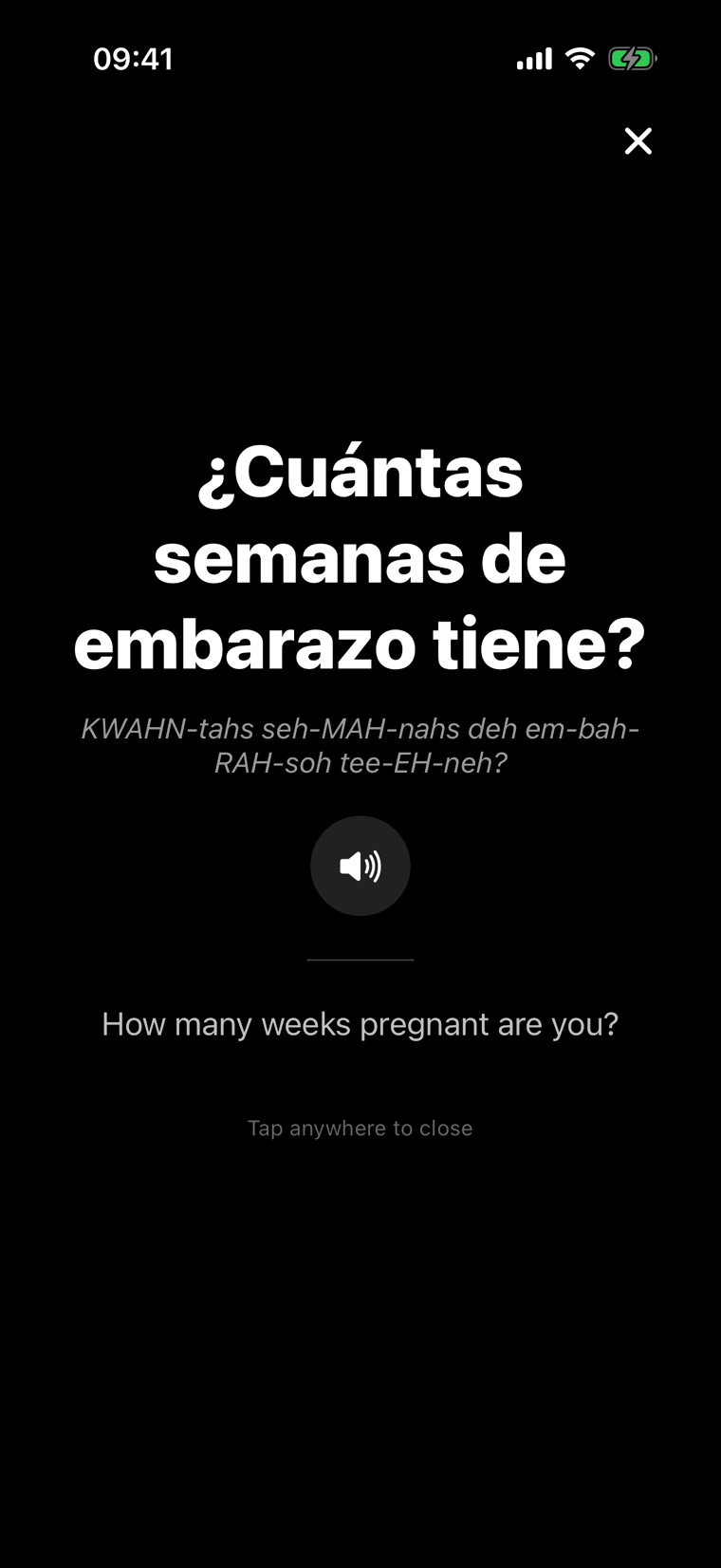 A patient question shown full screen in Spanish with a pronunciation guide and speak-aloud button