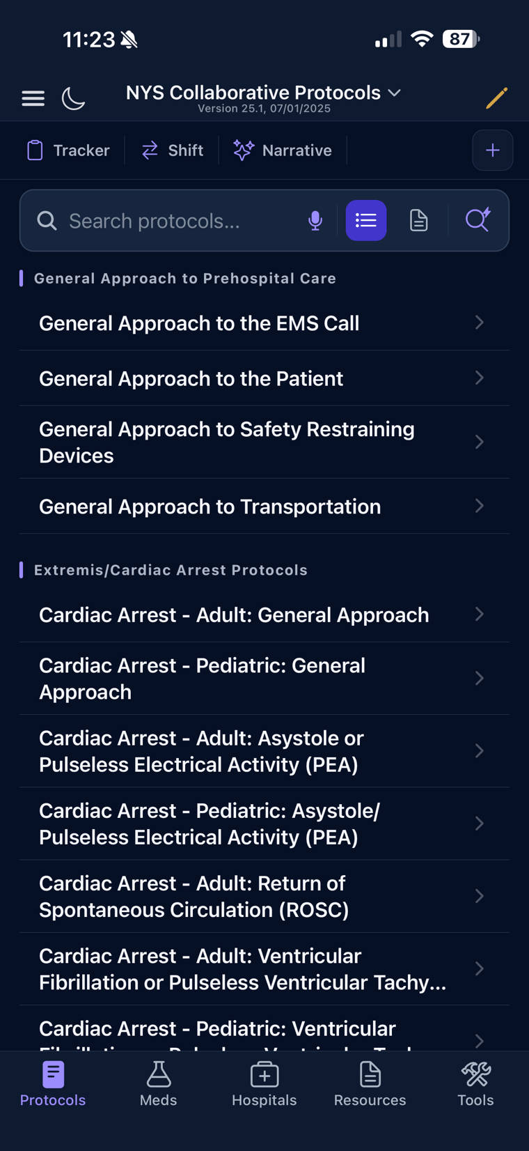 The protocol list with search, pinned quick-access tools in the header, and a Protocols, Meds, Hospitals, Resources, and Tools tab bar